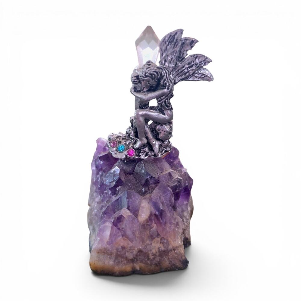 Vintage Pewter Fairy Holding Quartz crystal on genuine amethyst geode rock